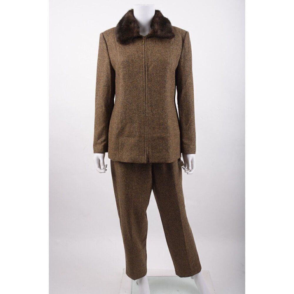 Vintage Talbots Womans Pant Suit Blazer 10-12 P Brown Herringbone Wool Blend NWT